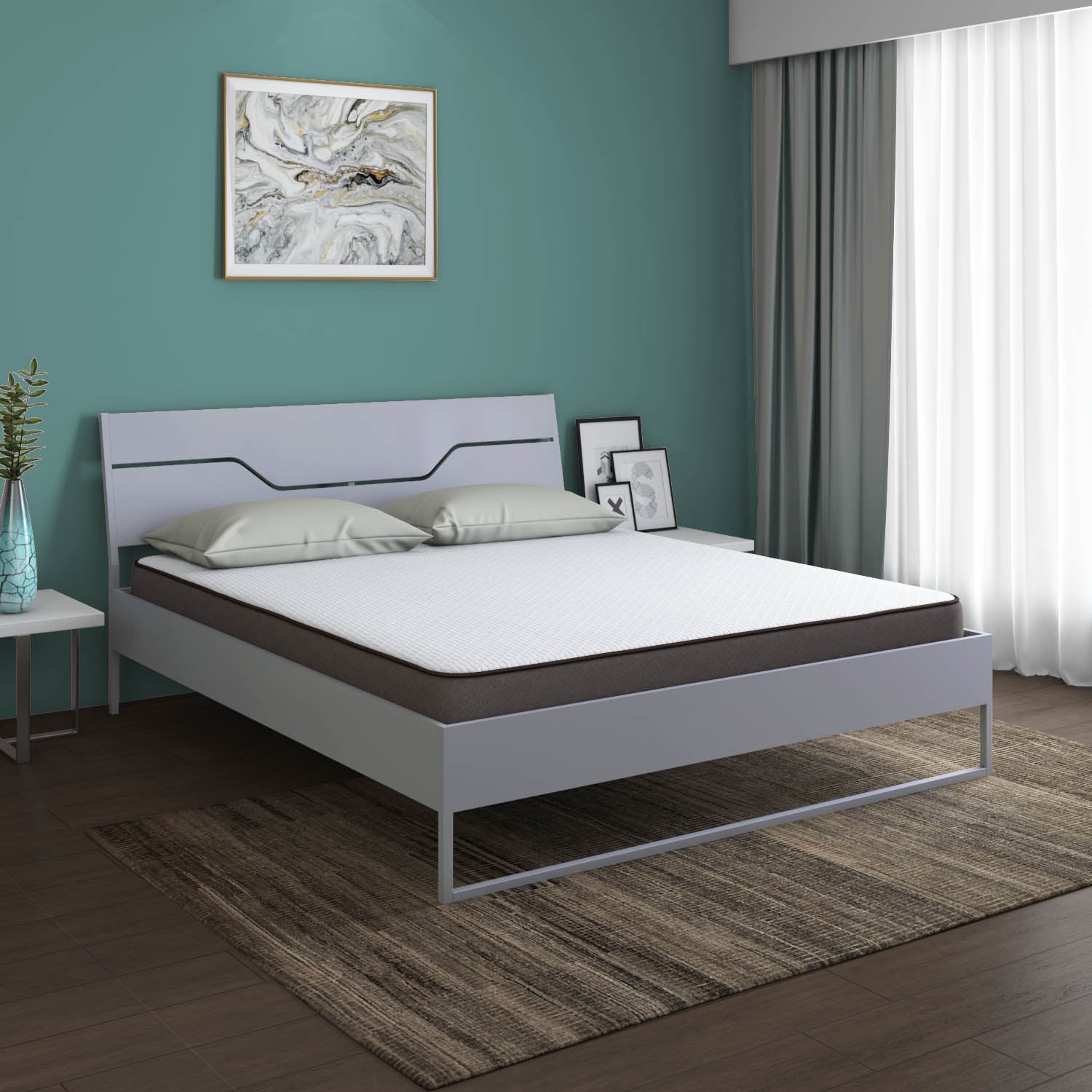 Grande Wood and Metal Hybrid Bed (Grey) + Lite Dual Comfort Mattress (Queen)