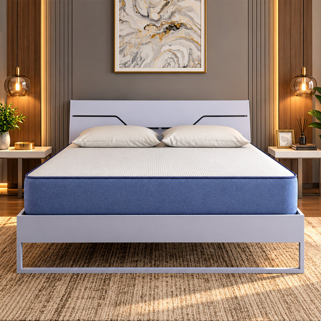 Grande Wood and Metal Hybrid Bed (Grey) + Plus Memory Foam Mattress (Queen)
