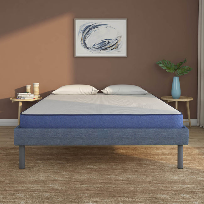 Velvette Upholstered Bed (Blue) + Plus Memory Foam Mattress (King)