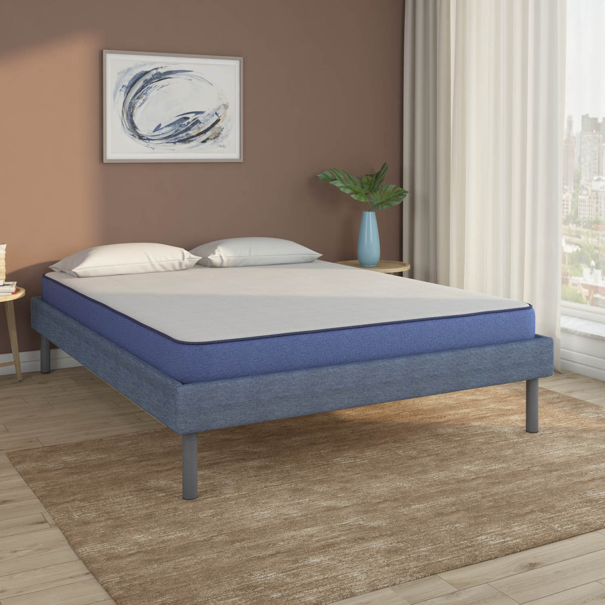 Velvette Upholstered Bed (Blue) + Plus Memory Foam Mattress (Queen ...
