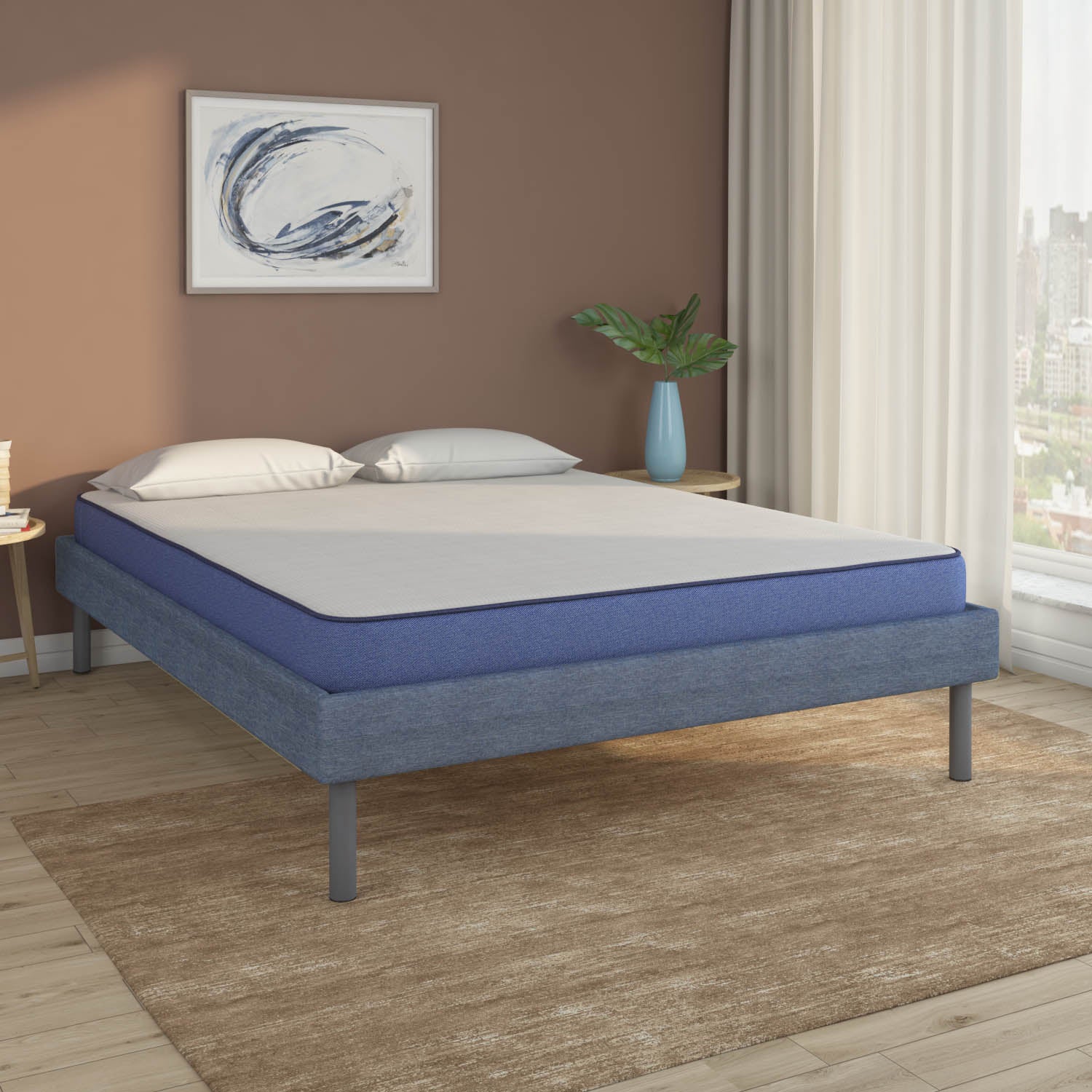 Velvette Upholstered Bed (Blue) + Plus Memory Foam Mattress (King)