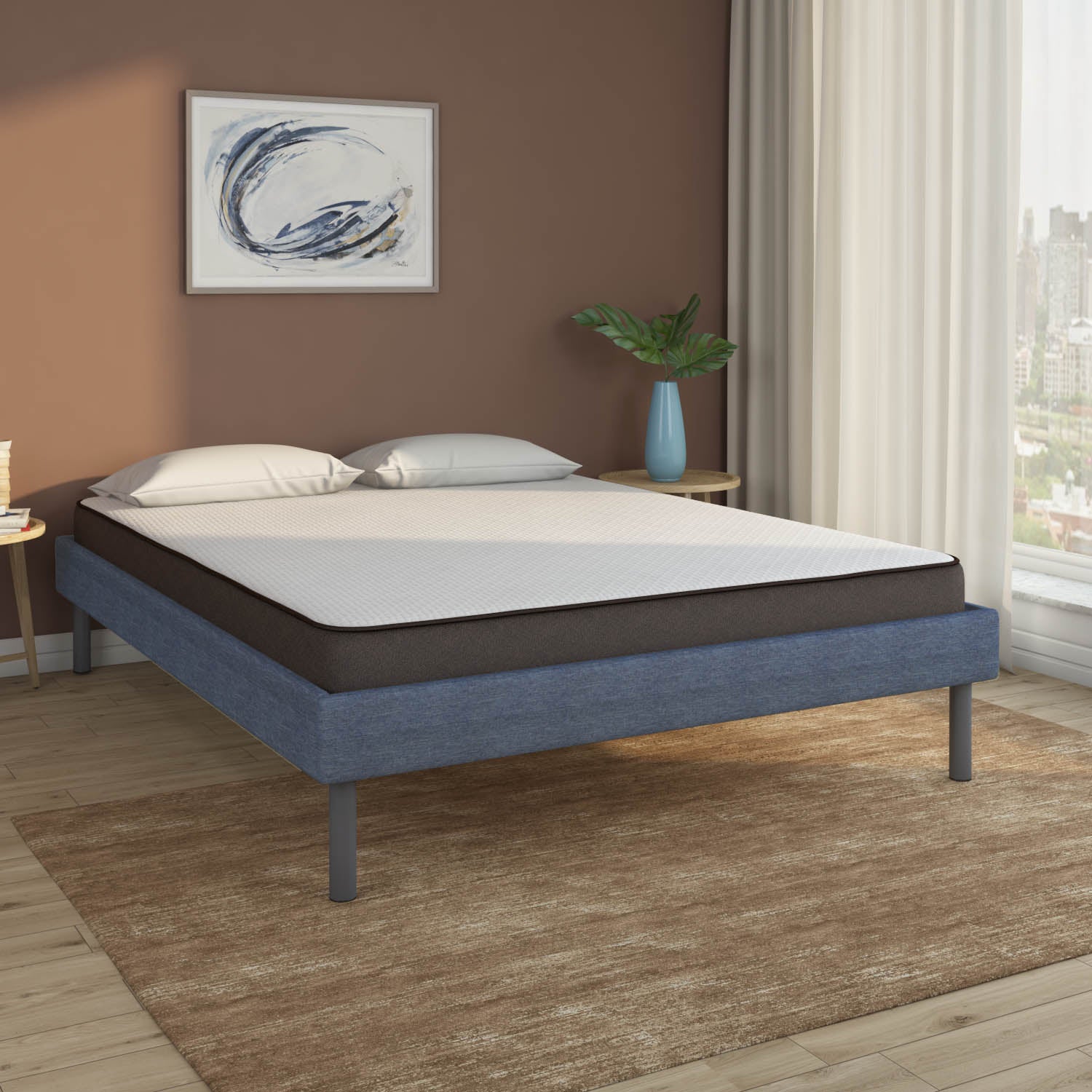 Velvette Upholstered Bed (Blue) + Lite Dual Mattress (King)