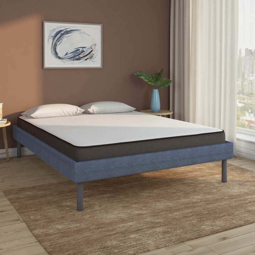 Velvette Upholstered Bed (Blue) + Lite Dual Mattress (King)