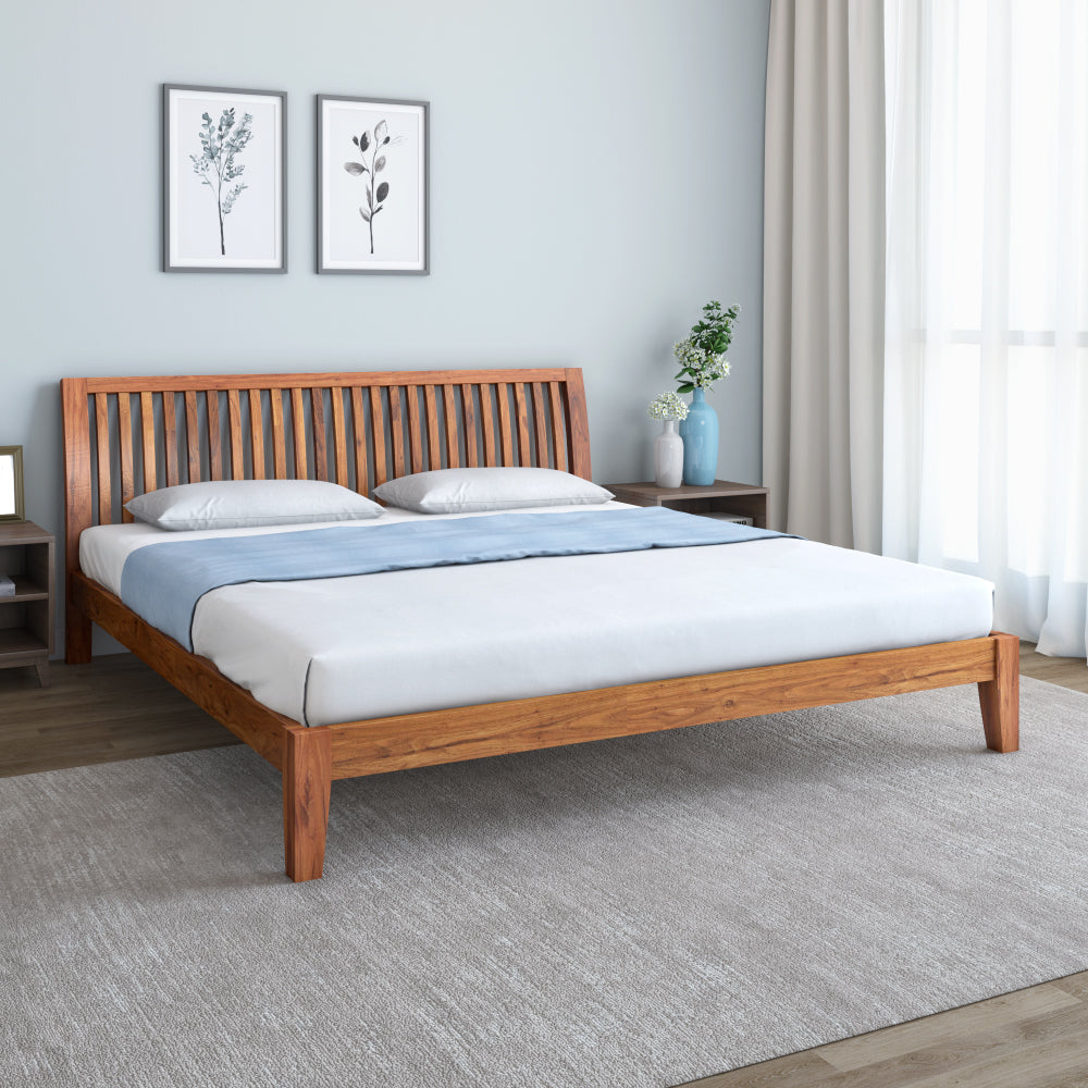 Acacia Solid Wooden Bed product image with bedsheet